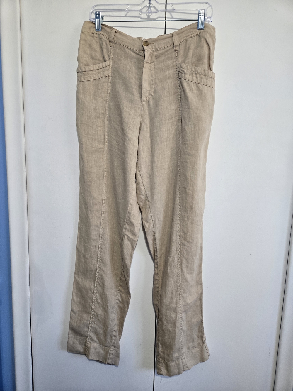 Nicole Miller New York 100% Linen Pants Tan Beige Pull-On Women's L